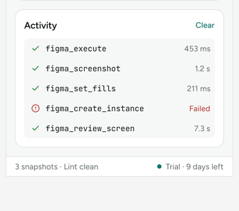 The Activity tab in the Deskhand panel listing write tools, each marked read back.